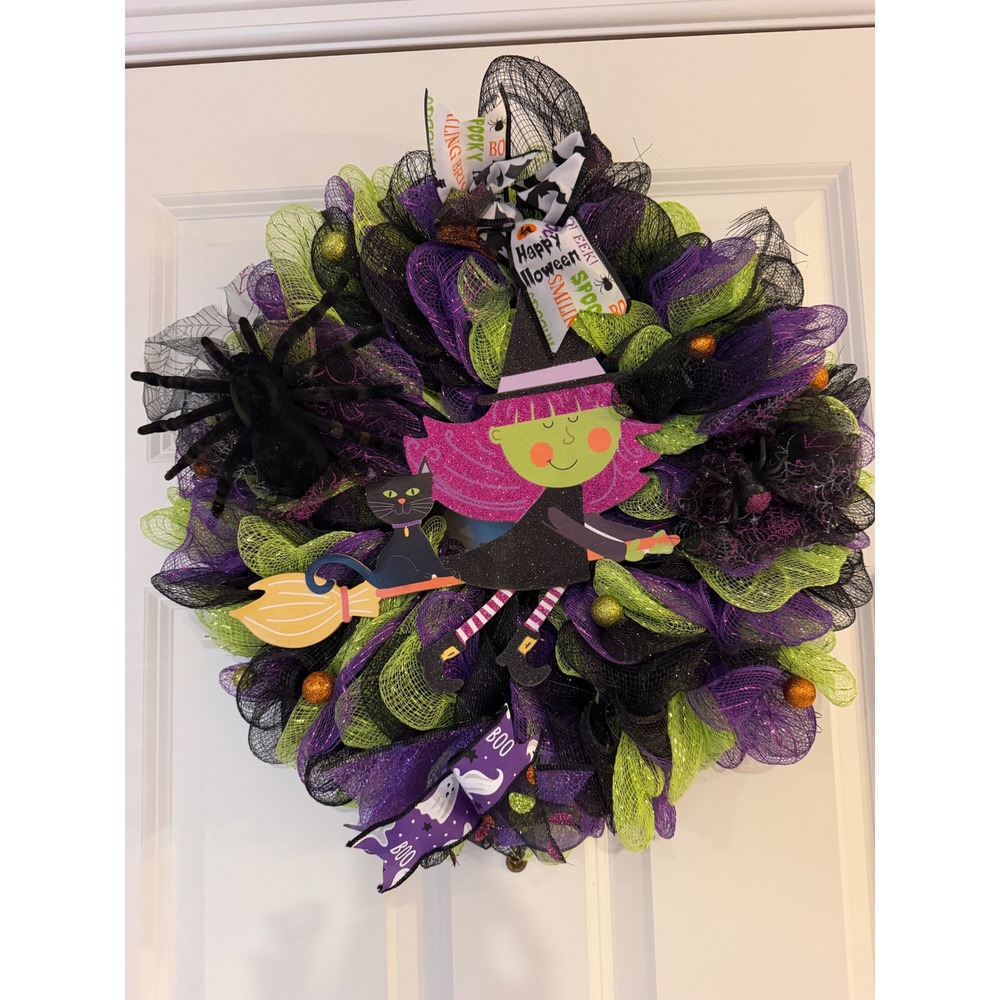 Handmade Halloween Witch Deco Mesh Wreath Purple Green Black Spider 19 Inch